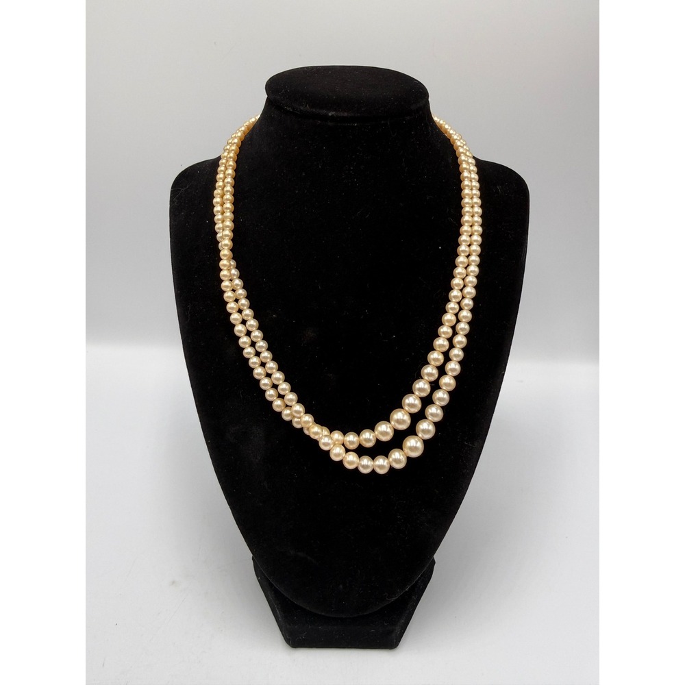 Vintage Double Strand Faux Pearl Necklace Graduated Cream Beads Filigree‎ Clasp